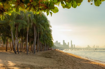 Thailand Pattaya Jomtien Beach Golden Morning Light Over Beach With Palm Trees 2644273419