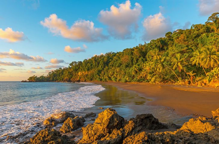 Costa Rica Osa Peninsula Corcovado National Park Pacific Coastline And Tropical Rainforest At Sunset
